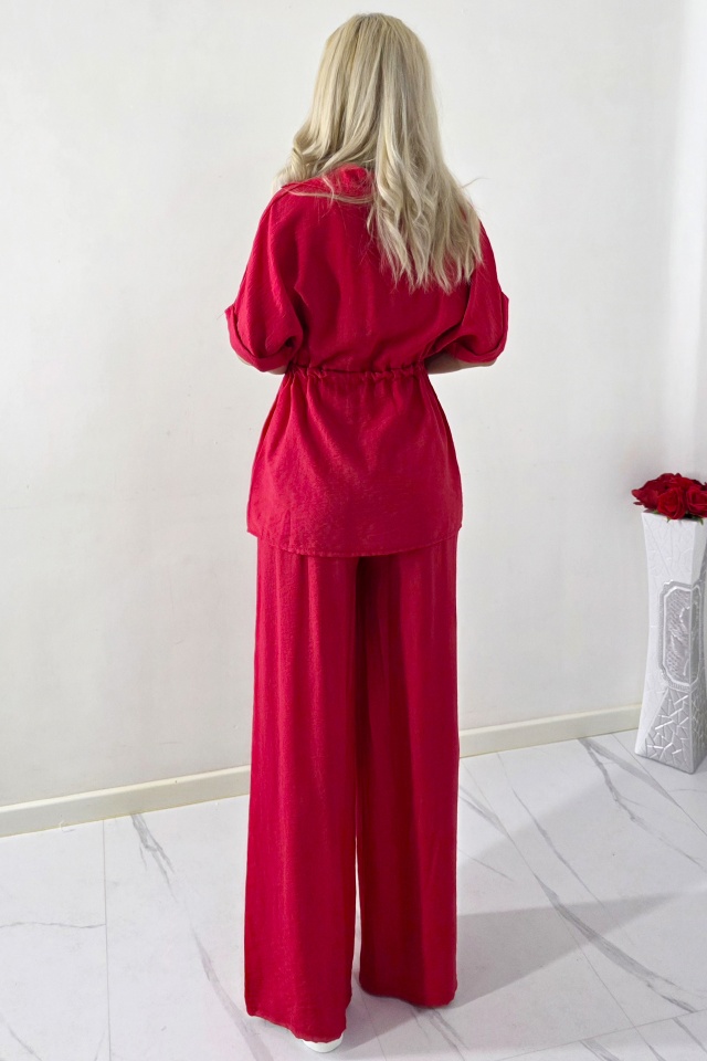 Compleu vascoza casual LUNIA, cu camasa si pantaloni largi, Rosu, Marime S/M - 1 | YEO