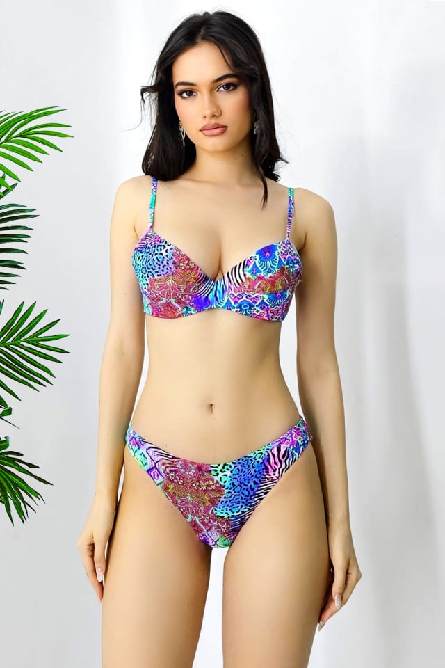 Costum de baie doua piese Yolis, imprimeu jungle si sutien ajustabil, Mov - 3 | YEO