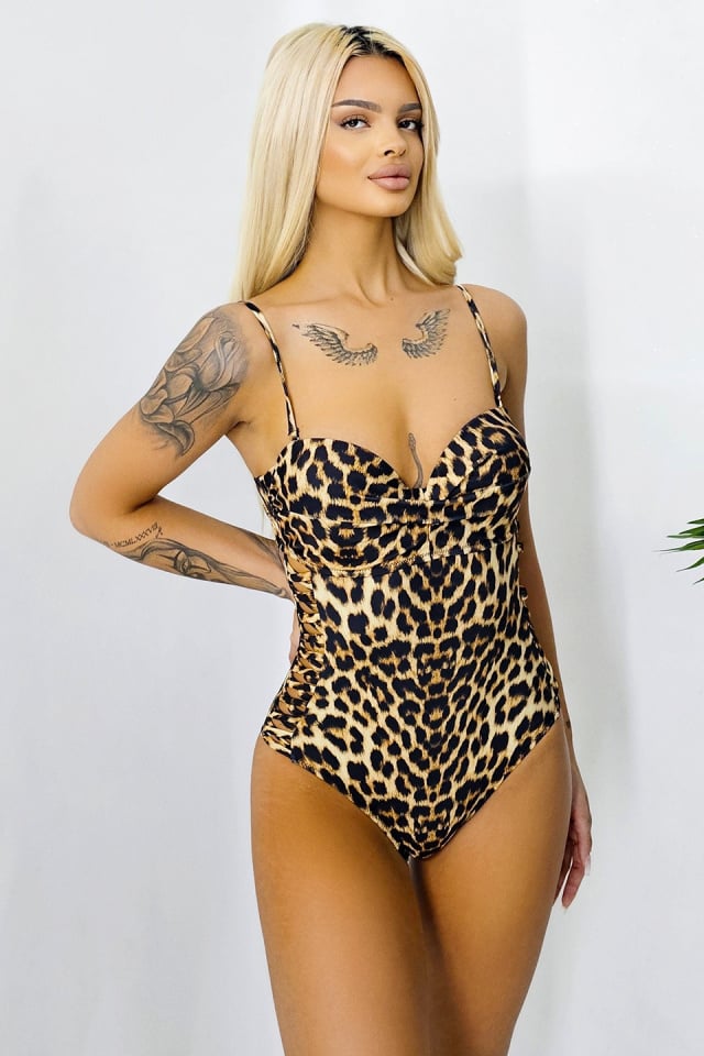 Costum de baie intreg Perlla, detalii cu aspect impletit si cupe buretate, animal print Leopard - 3 | YEO