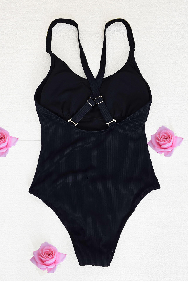 Costum de baie intreg Swim Love, cu bretele reglabile si strasuri artizanale, Negru - 3 | YEO