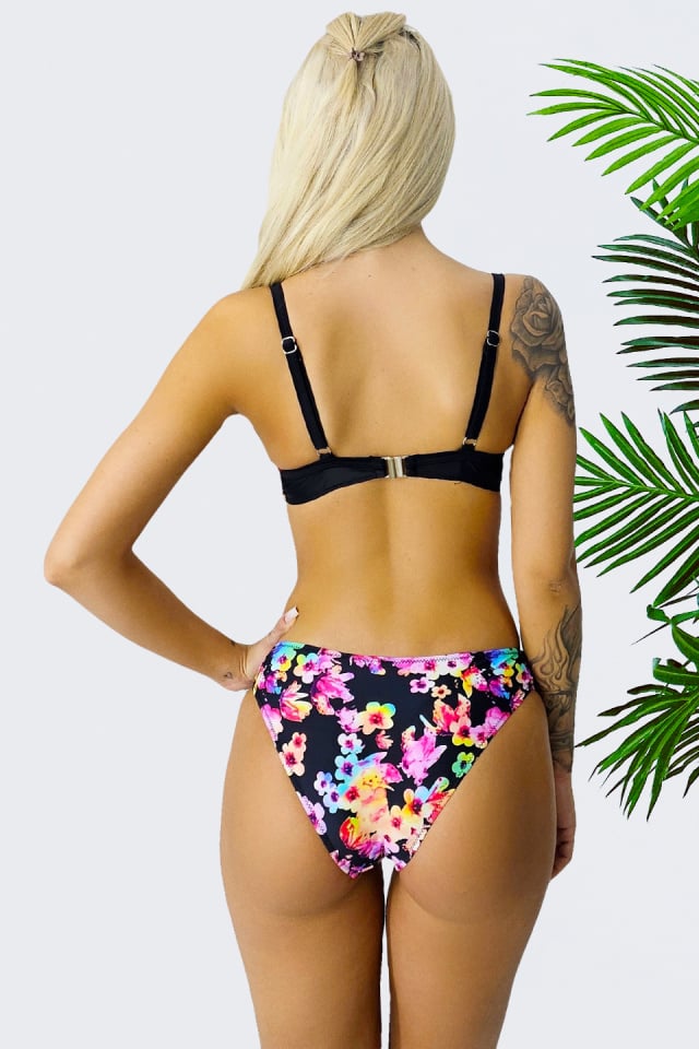 Costum de baie trei piese AiLis, slip brazilian, slip semidecupat si sutien cu push up, Negru - 1 | YEO