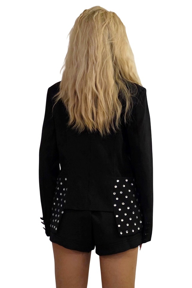 Costum de ocazie LIONA, cu pantaloni scurti si pietre artizanale, Negru