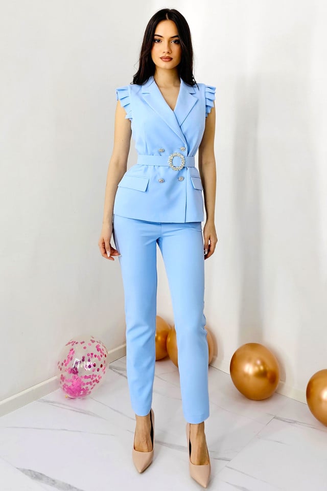 Costum elegant AmyShea, cu sacou fara maneca si pantaloni skinny, Albastru baby blue - 2 | YEO