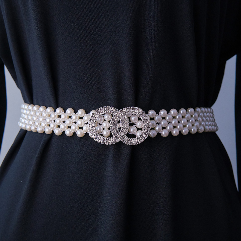 Curea elastica Pearly, catarama metalica decorativa si perle, Infinity Alb - 1 | YEO