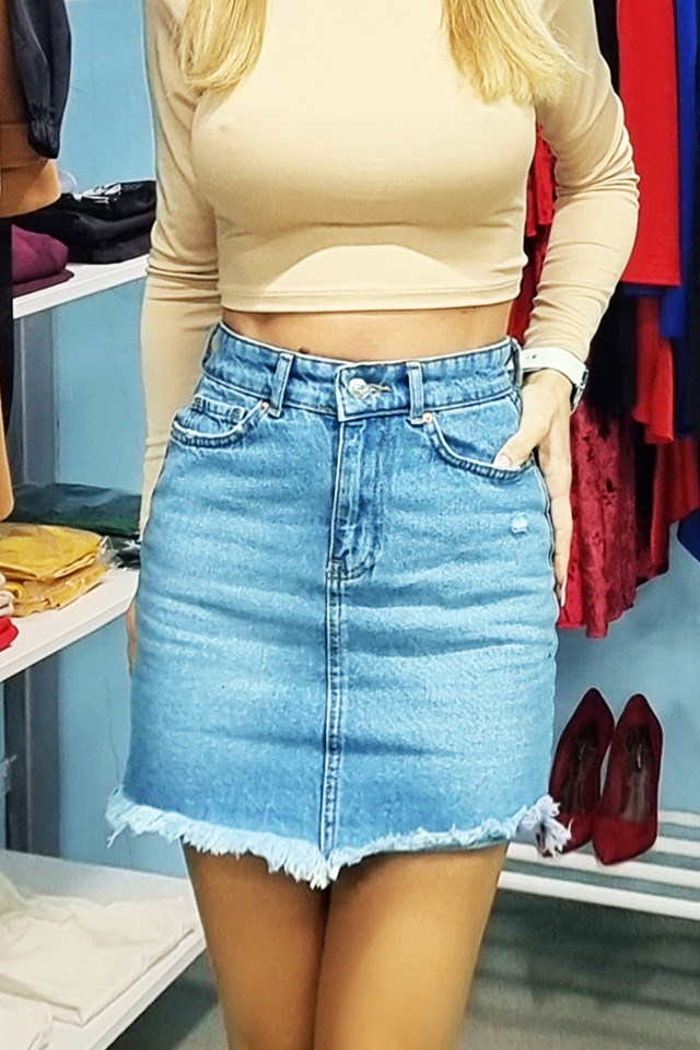 Fusta de blugi, Gloria, mini, cu franjuri, Albastru deschis - 1 | YEO