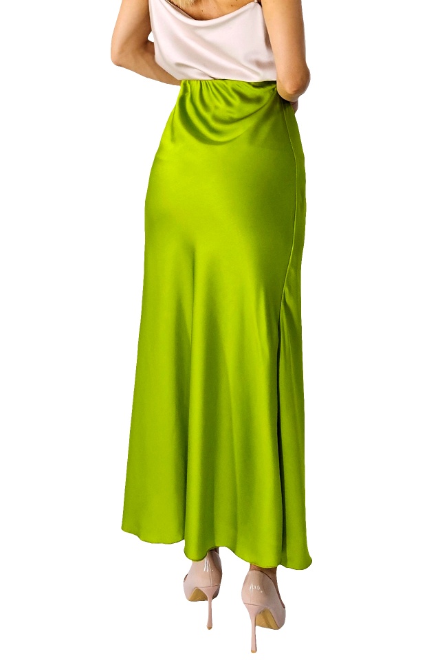 Fusta eleganta Penelope, cu textura satinata si croi lung, Verde olive, Marime S/M/L