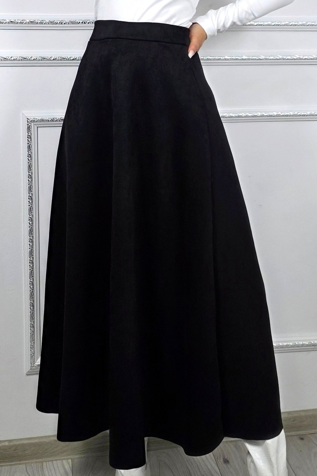 Fusta lunga catifea Tiziana, cu pliuri si croi elegant, Negru