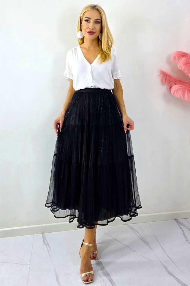 Fusta lunga cu doua fețe, LUNA, aspect plisat si tull, Negru, Marime S/M/L