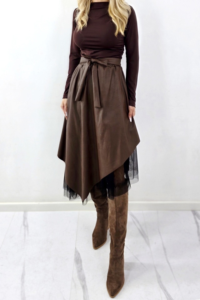 Fusta lunga cu tull asimetric, Florentina, piele eco si cordon cusut, Maro, Marime S/M