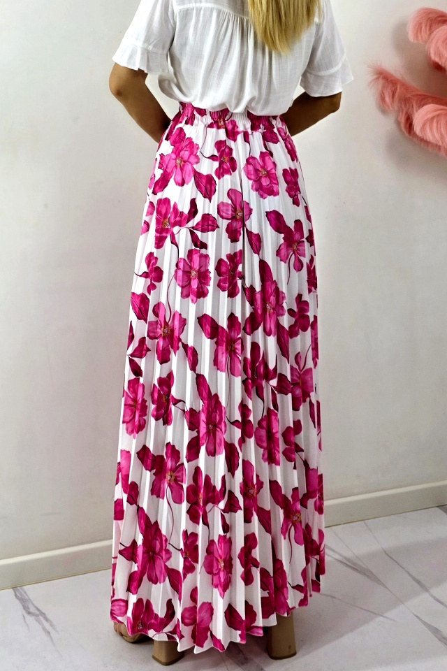 Fusta lunga de vara, plisata ALVINA cu imprimeu floral, Fucsia, Marime S/M