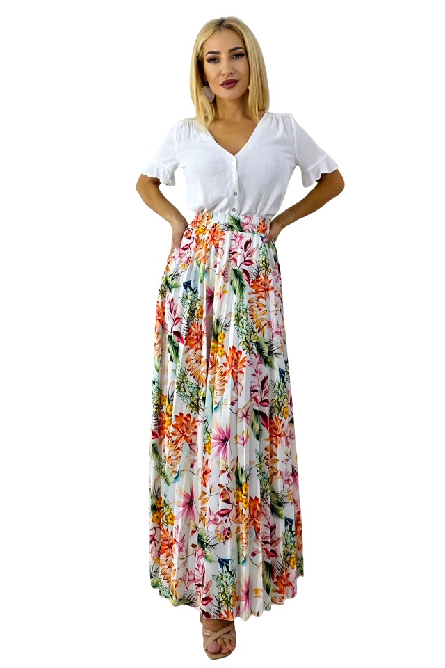 Fusta lunga de vara, plisata ALVINA cu imprimeu floral, Orange, Marime S/M