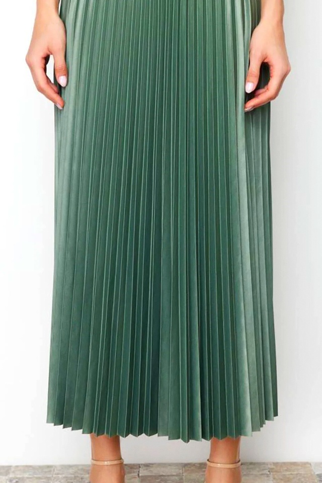 Fusta lunga plisata BRISEL, cu textura satinata, Verde menta - 1 | YEO