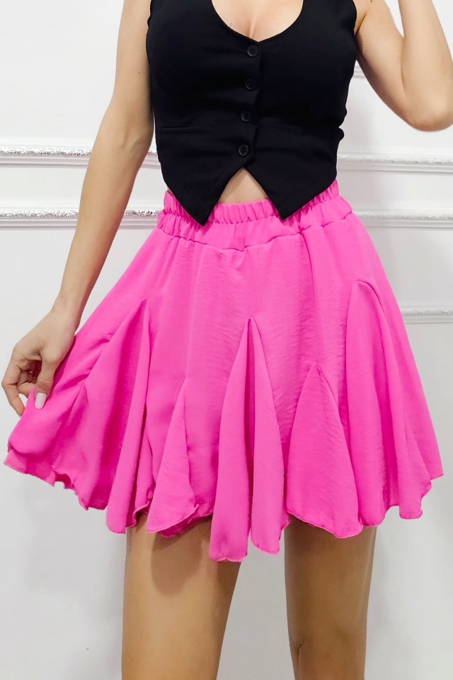 Fusta pantalon scurta Zig-Zag Plisse, cu volane si efect creponat, Fucsia, Marime S/M