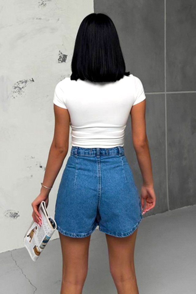Fusta pantaloni scurti denim SARAY, cu aspect petrecut si nasturi asimetrici, Albastru - 1 | YEO