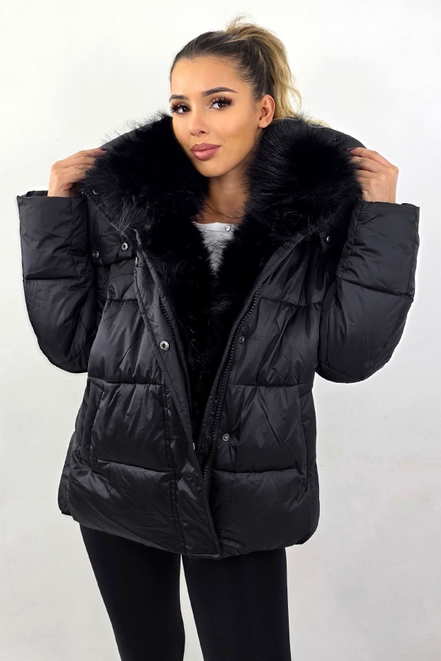 Geaca groasa, asimetrica SoReal, cu gluga detasabila si garnitura blana, Negru