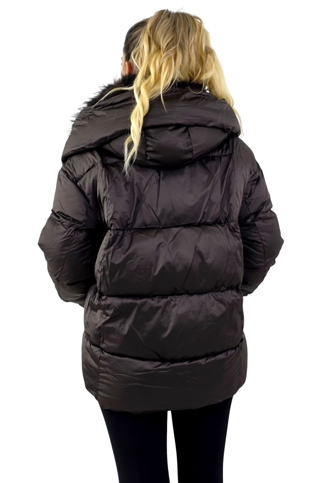 Geaca groasa de fas, SoReal, asimetrica, cu guler din blana eco, MARO