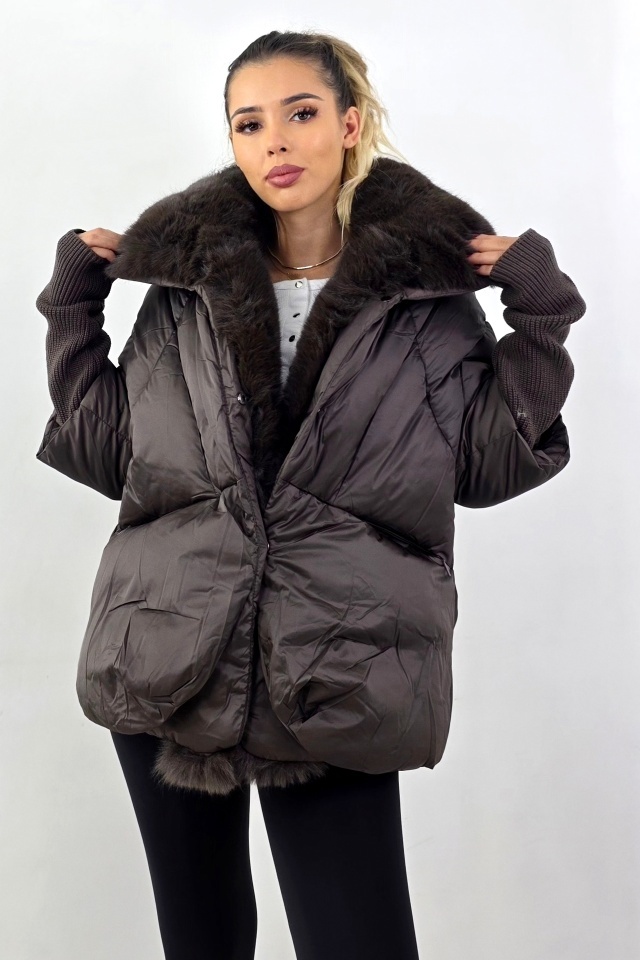 Geaca scurta, bomber hibrid, NERRO, cu buzunare ascunse si blana eco, Maro