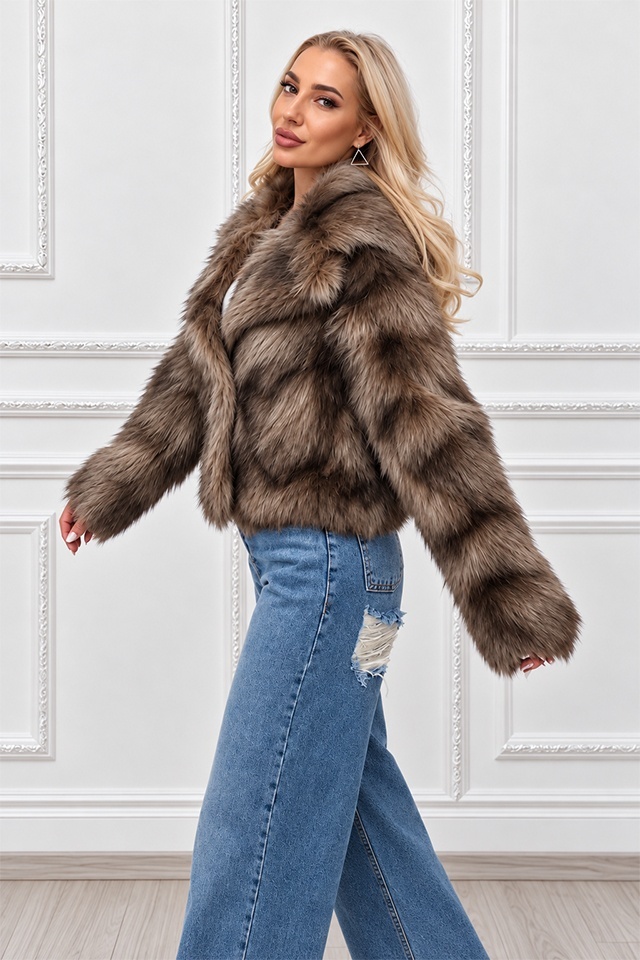 Haina animal print Ysolde din blana ecologica, cu interior satinat, BEJ, Marime S/M — imaginea 6