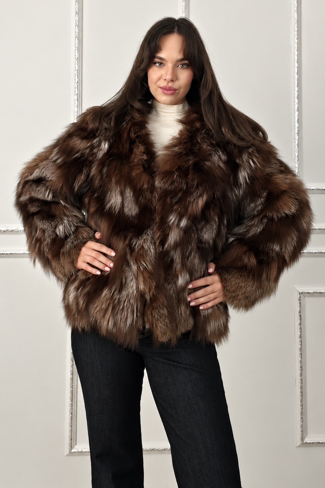 Haina dama FELYNA din blana naturala de vulpe, cu captuseala satinata, Negru-Maro, Marime universala S/M/L — imaginea 4