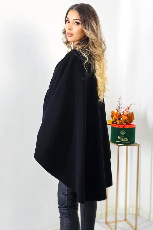 Jacheta dama tip poncho BelaRina, cu funda si croiala oversize, Negru, Marime universala - 1 | YEO