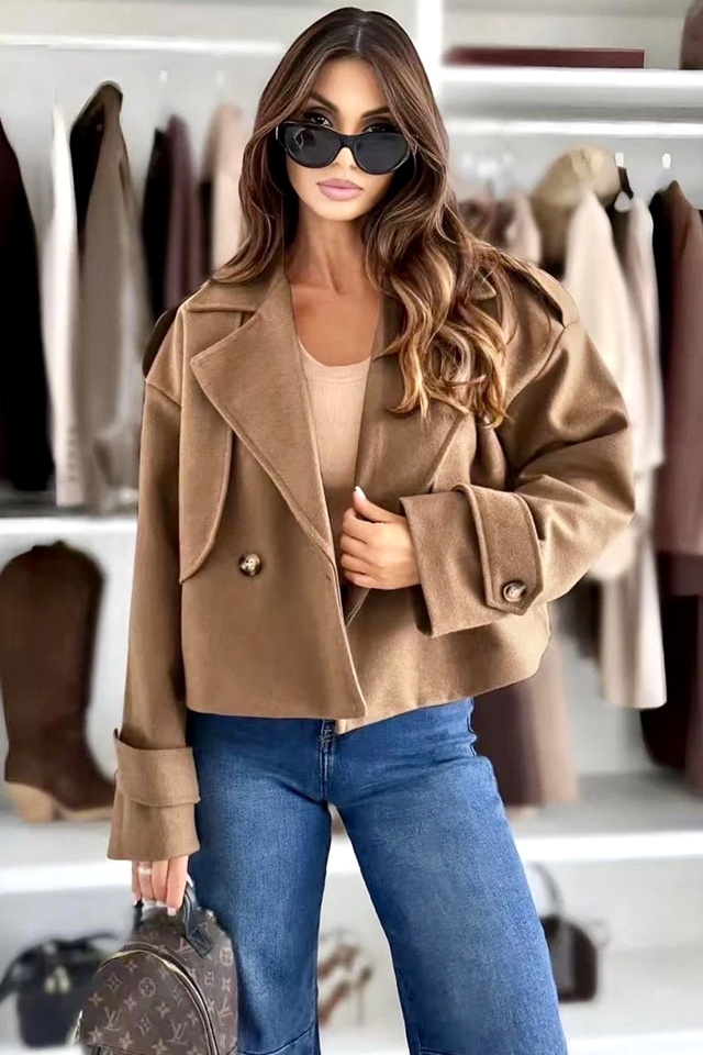 Jacheta eleganta tip fleece Vespera, cu revere si nasturi, Bej, Marime S/M