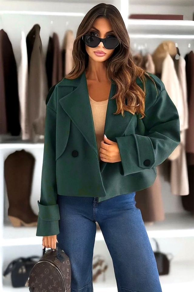 Jacheta eleganta tip fleece Vespera, cu revere si nasturi, Verde, Marime S/M