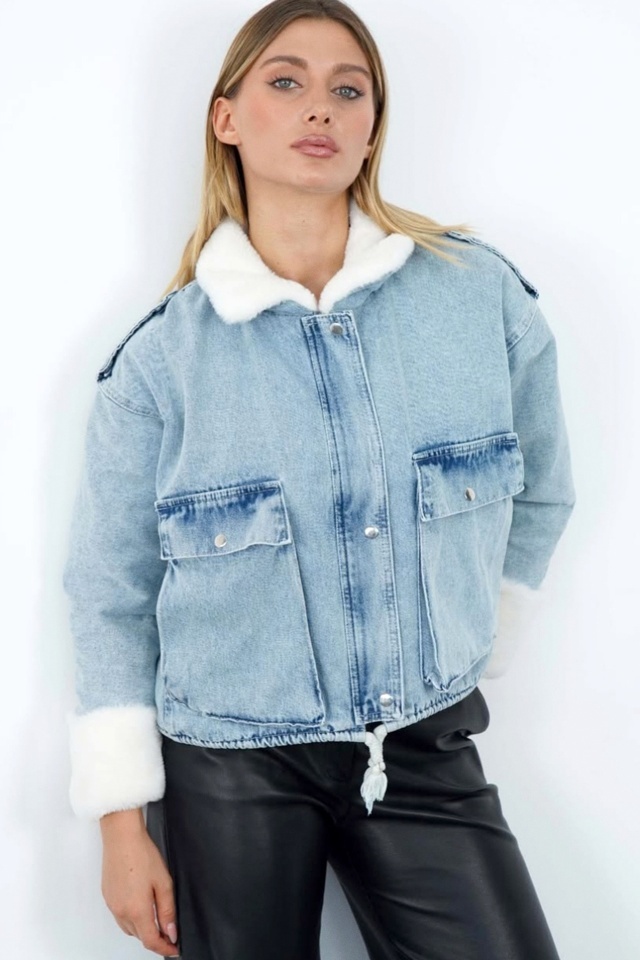 Jacheta imblanita de blugi Renelle, cu buzunare oversize, Albastru deschis - 3 | YEO