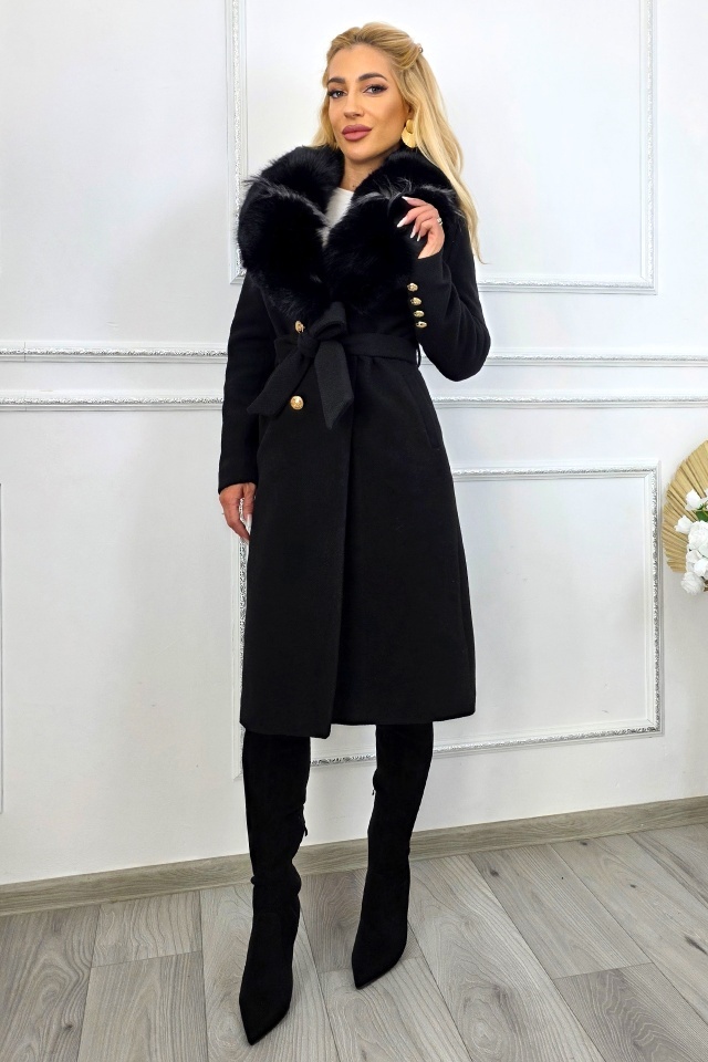 Palton elegant de dama MABELL, cu blana si inchidere cu butoni aurii, Negru - 3 | YEO