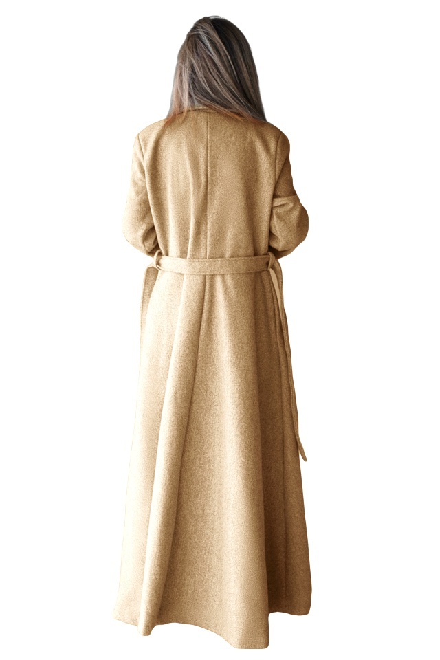 Palton lung cu nasturi Merina, falduri si cordon, Crem, Marime S/M