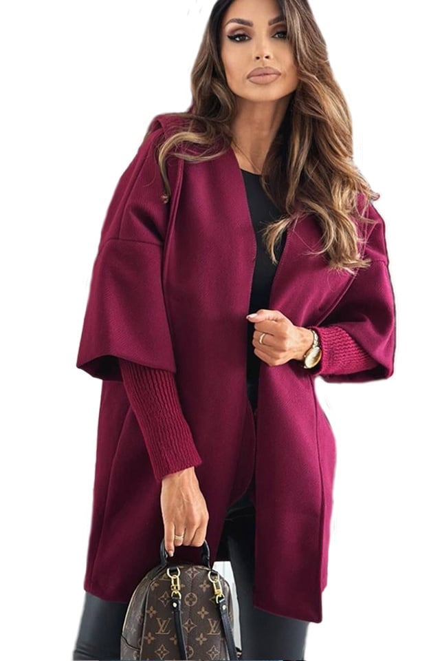 Palton oversize Katiana, maneca cu panou suprapus, tricot si gluga, Bordo, Marime S/M/L - 3 | YEO