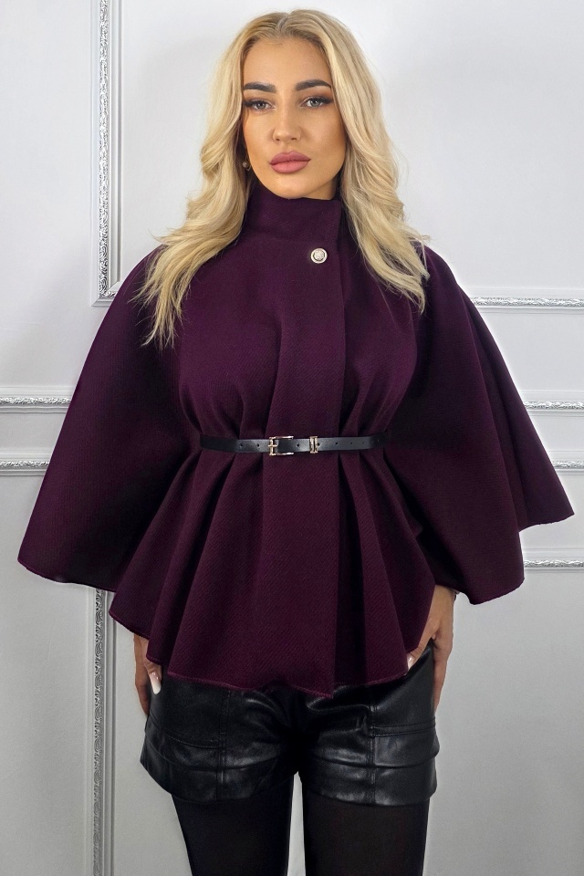 Palton tip poncho Amalia, curea inclusa si croi evazat, Mov inchis, Marime S/M - 3 | YEO