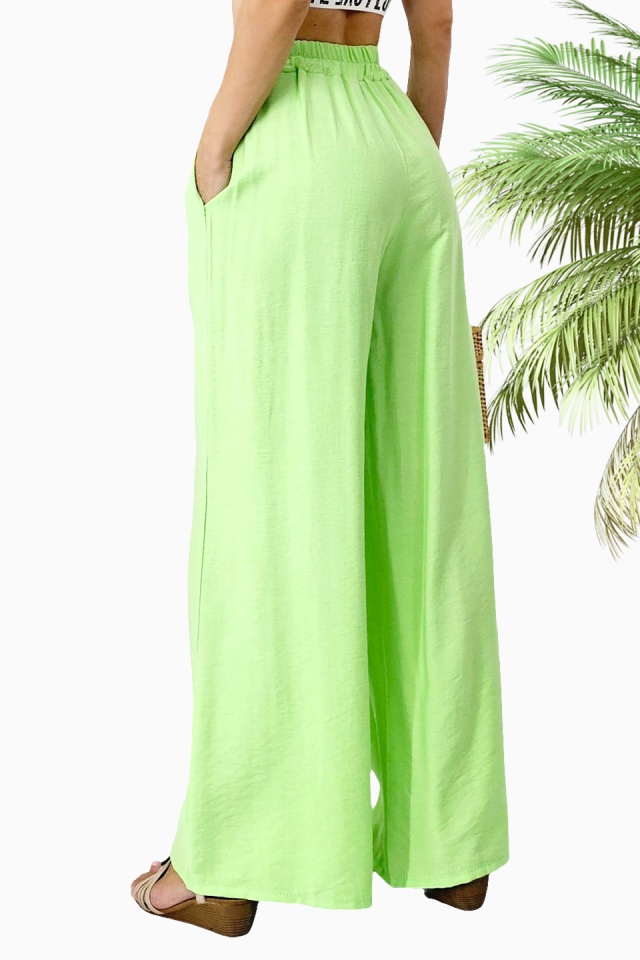 Pantaloni casual LERA, cu snur si croi lejer wide leg, Verde deschis, Marime S/M/L - 1 | YEO