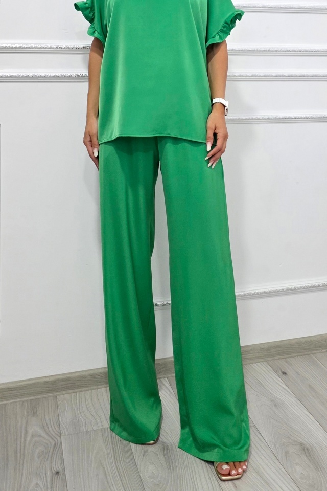 Pantaloni casual vaporosi NORYA, croi larg cu banda elastica, Verde - 3 | YEO