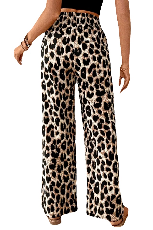 Pantaloni de vara animal print OGHY, cu snur si banda elastica in talie, Bej - 1 | YEO