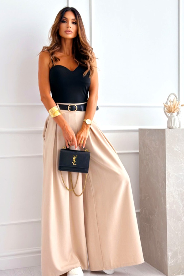 Pantaloni eleganti Ahmet, cu pense si curea inclusa, Crem, Marime S/M/L