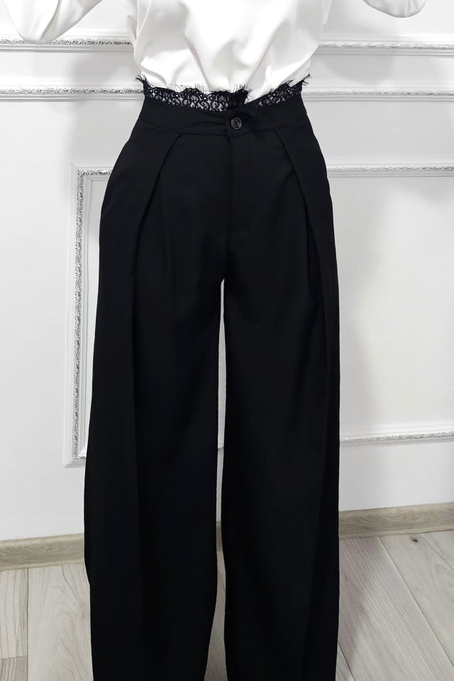 Pantaloni eleganti de dama PalaZZO, cu garnitura din dantela si pense, Negru - 3 | YEO