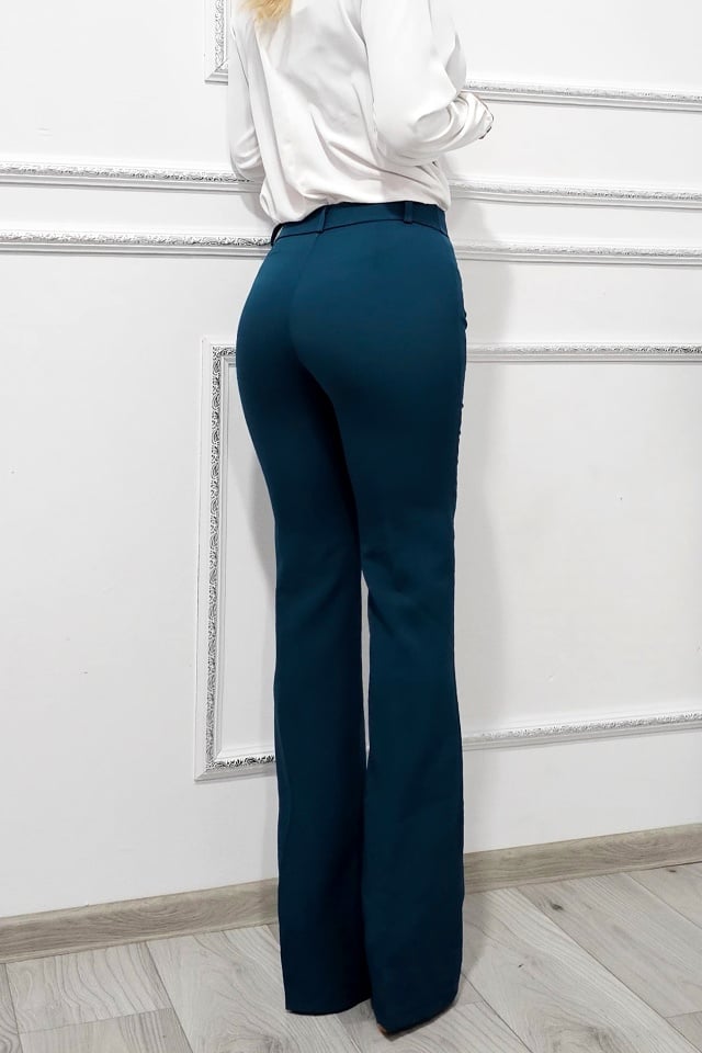 Pantaloni eleganti, Katte, croiala slim evazata si talie inalta, Verde petrol - 1 | YEO