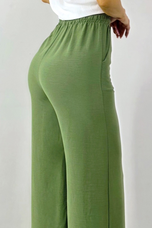 Pantaloni lungi casual, bumbac MERON, croiala wide leg si snur, KAKI - 3 | YEO