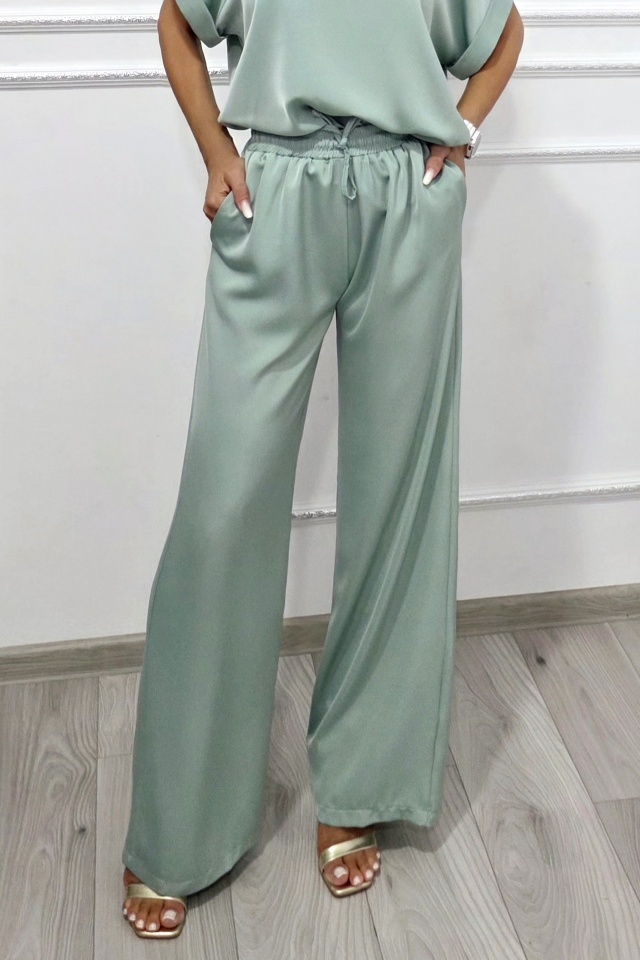 Pantaloni lungi vaporosi LYRA, croi larg cu banda elastica, Vernil