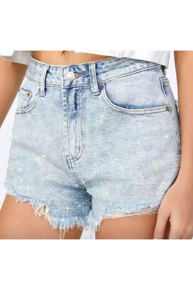 Pantaloni scurti de blugi YOVA, cristale si perforatii ample, Albastru zapada - 2 | YEO