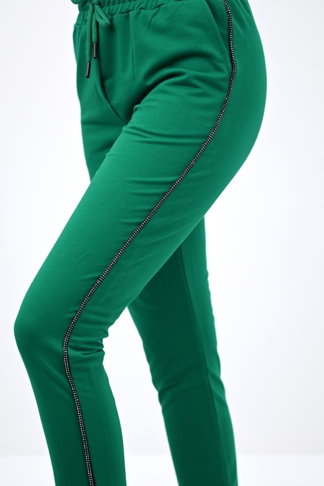 Pantaloni sport asimetrici FlexLine, cu snur in talie si dungi laterale, Verde - 2 | YEO