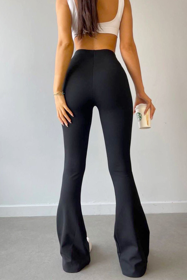 Pantaloni subtiri, evazati Raul, cu stretch, inchidere tip corset, Negru - 2 | YEO