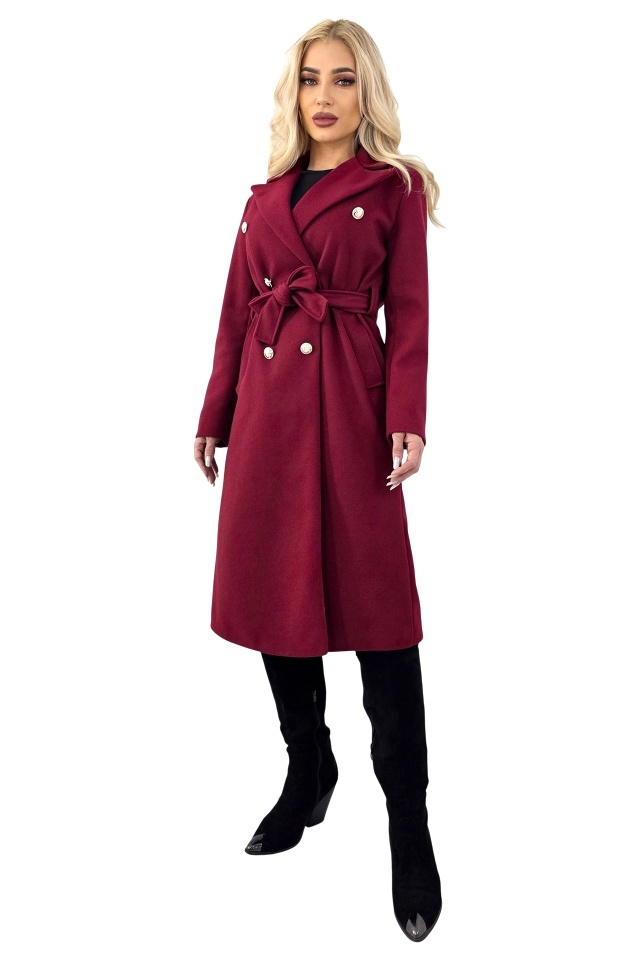 Pardesiu subtire, midi, AVELYN, cu butoni aurii si cordon, Rosu bordo