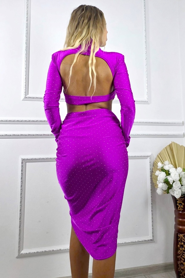 Rochie asimetrica, decupata NYVARA, guler inalt si spatele gol, Fucsia, Marime S/M
