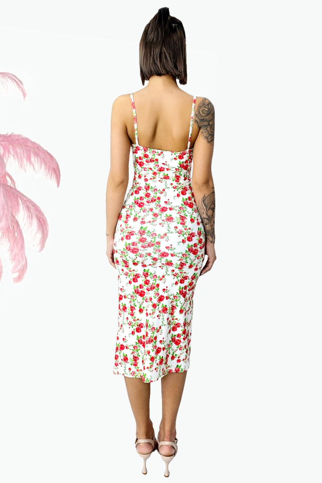 Rochie bodycon Drosera, cu dantela si imprimeu floral, Alb/Rosu, Marime S/M