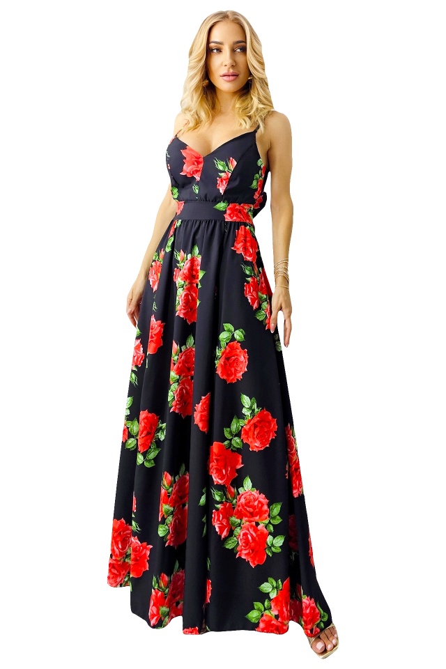 Rochie cocktail Fernanda, croi semidecupat si funda la spate, Black Roses, Marime S/M/L