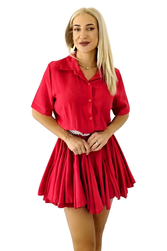 Rochie cu volane Peony Pearl, babydoll si curea inclusa, Rosu, Marime S/M