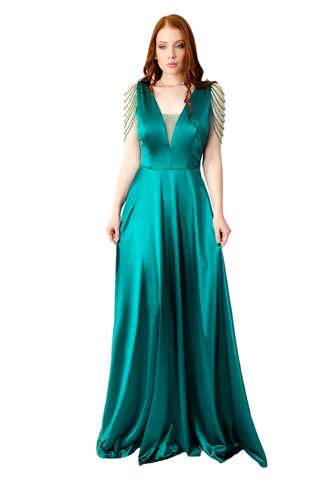 Rochie de ocazie Leontina, cu textura satinata si cristale artizanale, Verde