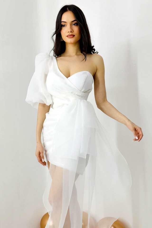 Rochie de seara Dayana, cu maneca bufanta si detaliu din organza, Alb, 36 - 1 | YEO