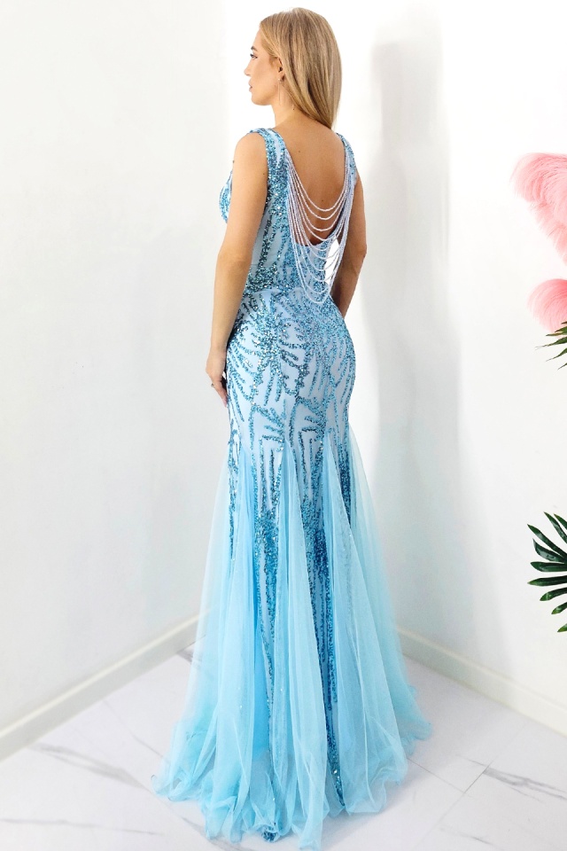 Rochie de seara, tip sirena, Fabyola, cu paiete si insertii din voal, Albastru baby blue